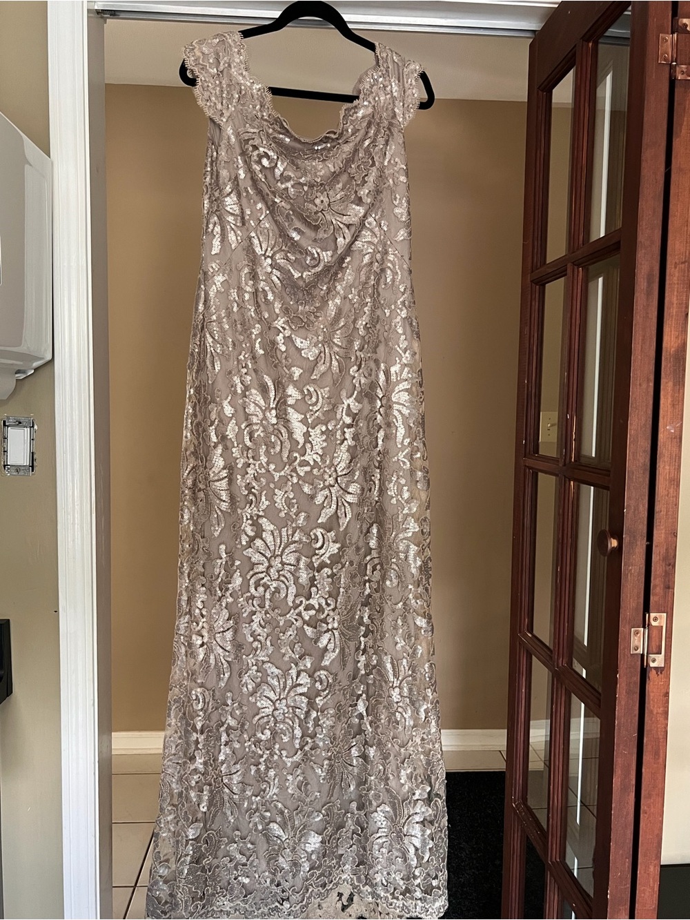 Tadashi Shoji Champagne Lace Sequin Maxi Gown